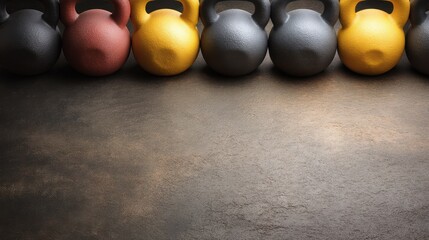 Colorful kettlebells lined up on a dark surface for fitness training, strength exercises, gym equipment for personal health and workout routines