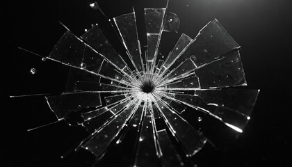 Shattered glass forms a radial pattern on black background. Sharp fragments create explosion like effect. Tiny water droplets cling to glass shards.