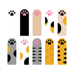 Collection of cute cat paws and legs with various patterns, isolated on transparent background