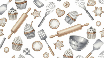 Baking bliss seamless pattern, inspires cozy kitchen vibes with rolling pins, cupcakes, and cookies for recipe blogs and baking promotions!