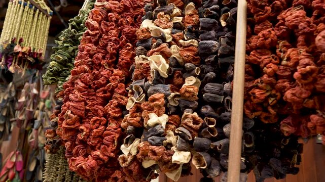 Dried peppers and eggplants in a traditional bazaar in Turkey.