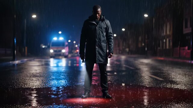 Man stands in wet street. Police car with flashing light waits behind. Puddle shows red blue reflection on rain soaked asphalt. Silhouette faces camera with steady stance. Night mood tense cinematic.