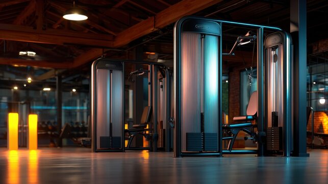 Modern gym interior showcasing exercise machines and vibrant lighting in a spacious fitness facility for workout enthusiasts and health-minded individuals