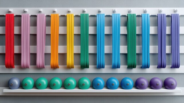 Colorful exercise bands and weights neatly arranged on wall display, offering fitness enthusiasts a vibrant selection for resistance training and workouts.