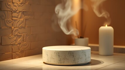 Minimalist scene with a marble podium, a lit candle, and gentle smoke rising, perfect for product display or wellness themes