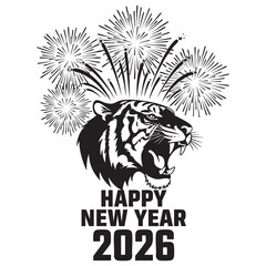 Happy New Year 2026 Roaring Tiger Head with Fireworks, Black and White Vector Illustration for Holiday Design