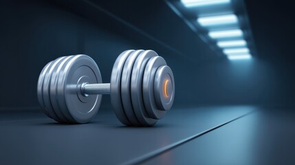 A close-up view of a modern silver dumbbell resting on a gym floor with dramatic lighting and an energetic atmosphere, symbolizing fitness and strength training.