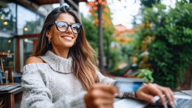 Black woman using laptop and card in cozy sweater and glasses, smiling while making online payment, reclining on lawn chair in sunlit park, switching