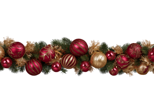 Christmas garland with red and gold baubles and pine branches isolated on a transparent background ornaments