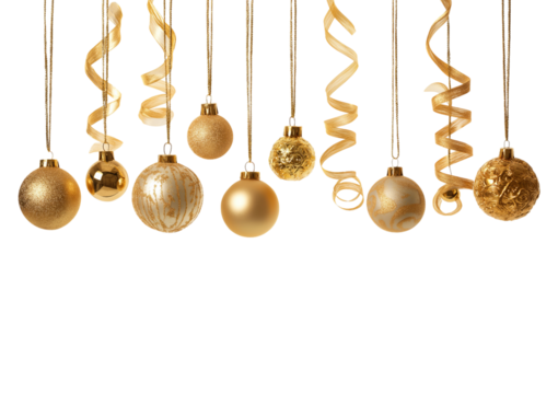 Assortment of Gold Christmas Ornaments and Ribbons Hanging on Strings isolated on a transparent background
