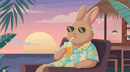 Naklejka premium Relaxed Bunny Vacationing at Beach Bar Enjoying a Drink at Sunset, Tropical Lifestyle