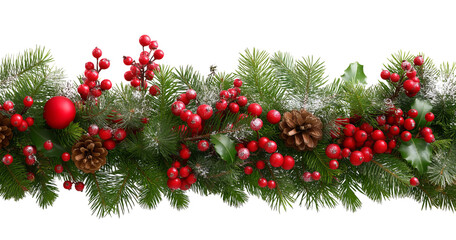 Christmas garland with pine branches red berries holly and pine cones isolated on a transparent background