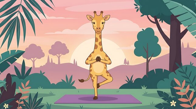 Cute giraffe practicing yoga outdoors, balancing in tree pose on a mat in nature, sunset scene