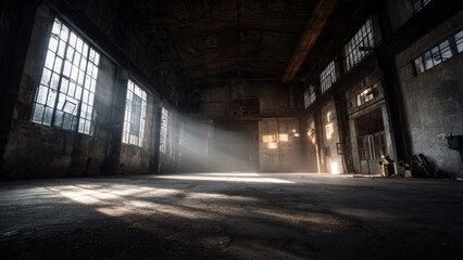 Sunlight Streams Through Abandoned Factory Hall Interior

