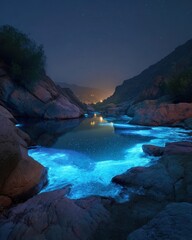 Obraz premium Bioluminescent River Flowing Through Rocky Gorge at Night Under Dark Sky.