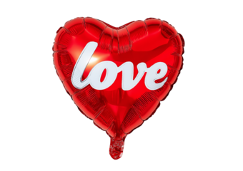Shiny Red Heart Shaped Mylar Balloon with White ' Love' Text isolated on a transparent background red heart balloon