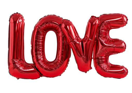 Shiny red mylar balloon letters spelling out the word L O V E isolated on a transparent background love