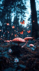 Fototapeta premium Enchanting forest scene with vibrant red mushrooms and delicate butterflies fluttering amidst glowing bokeh lights and magical sparkles, creating a mystical and ethereal atmosphere.