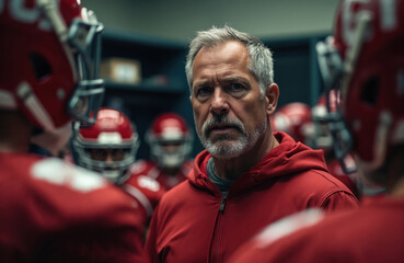 Football team listens to coach address in locker room. American football coach in red suit motivates players. Male sport leader shares strategy and guidance with team members before game.