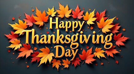 Vector ‘Happy Thanksgiving Day’ lettering in handcrafted calligraphy style with vibrant fall foliage scattered around