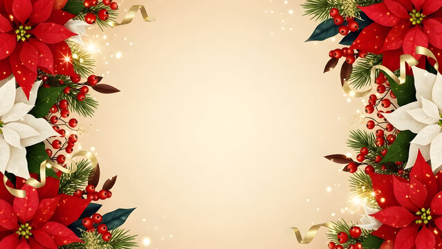 Festive christmas poinsettias and holly border with soft bokeh lights
