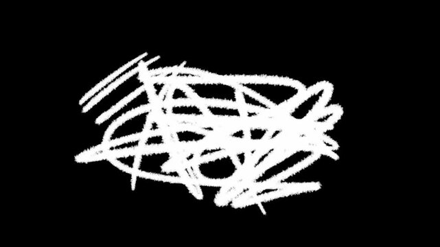 An abstract animated loop of white scribbled lines filling a rectangle shape on a pure black background. The scene represents creative energy, motion graphics, writing, and chaotic art.