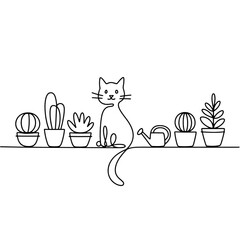 Minimalist cat and potted plants drawing, isolated on transparent background