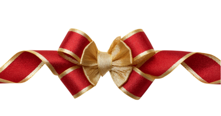 Red ribbon with a golden bow and striped edges isolated on a transparent background gift wrapping celebration