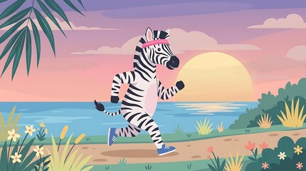Zebra Jogging on Beach Path with Sunset and Tropical Landscape Scene, Active and Healthy Lifestyle