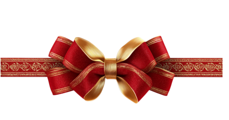 Red ribbon bow with ornate gold trim and decorative band isolated on a transparent background gold bow