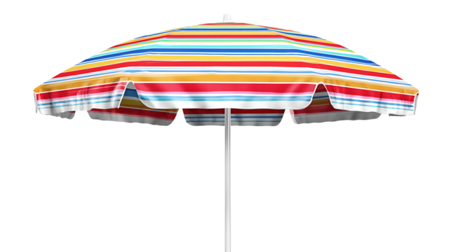 Beach umbrella colorful stripes, summer chill vibe, isolated on a white background
