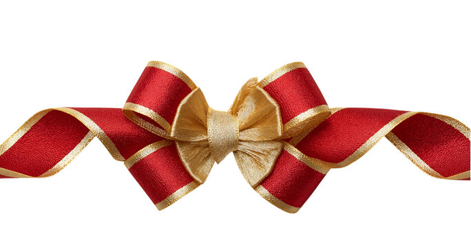 Red ribbon with a golden bow and striped edges isolated on a transparent background gift wrapping celebration - Powered by Adobe