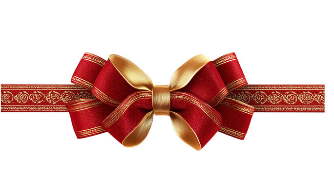 Red ribbon bow with ornate gold trim and decorative band isolated on a transparent background gold bow