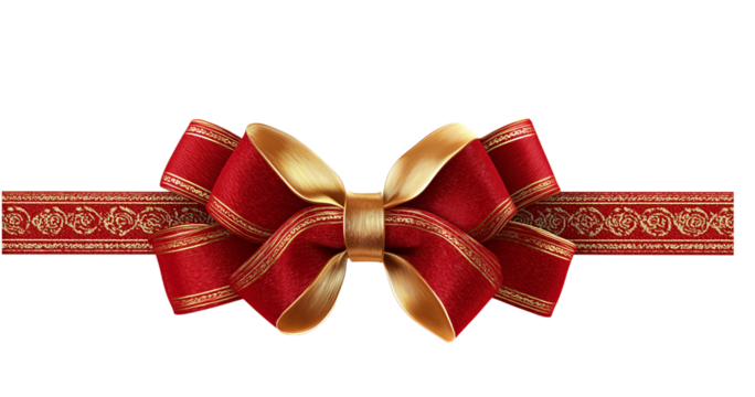 Red ribbon bow with ornate gold trim and decorative band isolated on a transparent background gold bow