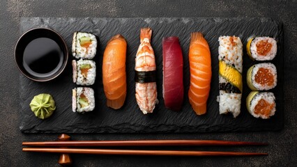 Assorted Sushi and Sashimi Displayed on Black Slate with Chopsticks

