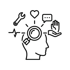 Mind analysis concept with magnifying glass and various icons