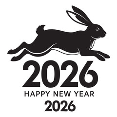 Happy New Year 2026 Running Rabbit Silhouette, Leaping Hare Over Text Vector Illustration