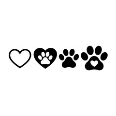 Black heart and paw print icons for pet love isolated on transparent background