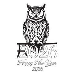 Detailed Owl Sketch with Happy New Year 2026 Text, Black and White Vector Illustration for Holiday Design