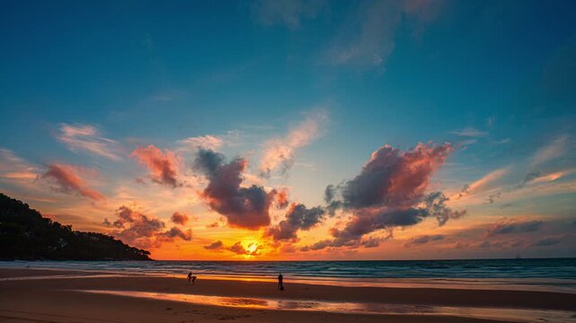 Time lapse Whispers of the Ocean Beneath a Sunset Glow. Island Silhouette Beneath a Radiant Sunset Sky. The dark outline of an island contrasts beautifully with glowing skies above.