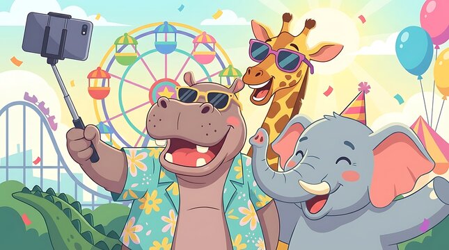 Vibrant cartoon animals, a cheerful hippo, stylish giraffe, and happy elephant, capture fun memories with a selfie stick at an exciting amusement park adventure