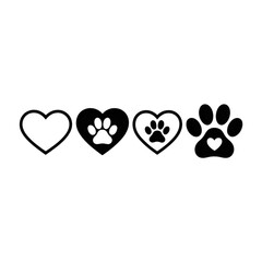 Collection of heart and paw print symbols representing pet love, isolated on transparent background