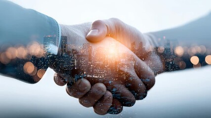 Handshake over city skyline at sunrise, double-exposure blending hands and urban towers, warm sun flare and modern network overlay conveying professional - Powered by Adobe