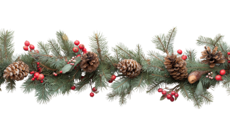 Christmas garland with pine branches pine cones and red berries isolated on a transparent background