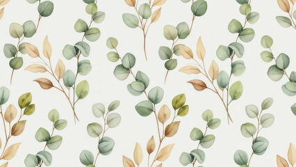 Eucalyptus leaves seamless pattern for elegant backgrounds and stylish designs, adding a touch of nature to any project with subtle green and gold tones
