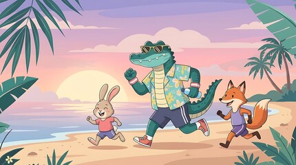 Happy animal friends enjoying a cheerful jog along the scenic tropical beach during a vibrant sunset, promoting active outdoor fun and summer leisure