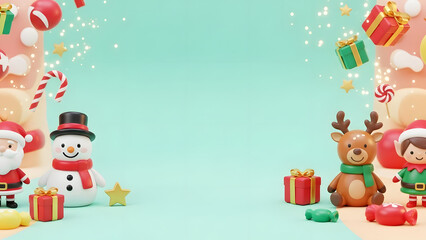 Naklejka premium Festive christmas characters and gifts border a soft teal background
