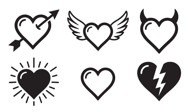 Love & Romance Vector Icon Set, Stylized Heart and Dove Silhouettes on White Background, Love vector icons, Romance illustrations, Heart silhouette set, Hearts with arrows, Angel wing hearts, png dil,