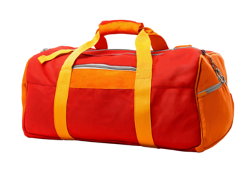 Red and orange duffel bag with yellow straps and silver zipper isolated on a transparent background sports bag