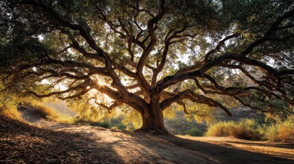 Fototapeta premium Majestic ancient oak tree with sprawling branches capturing golden sunlight in a serene natural landscape, inviting exploration and tranquility.